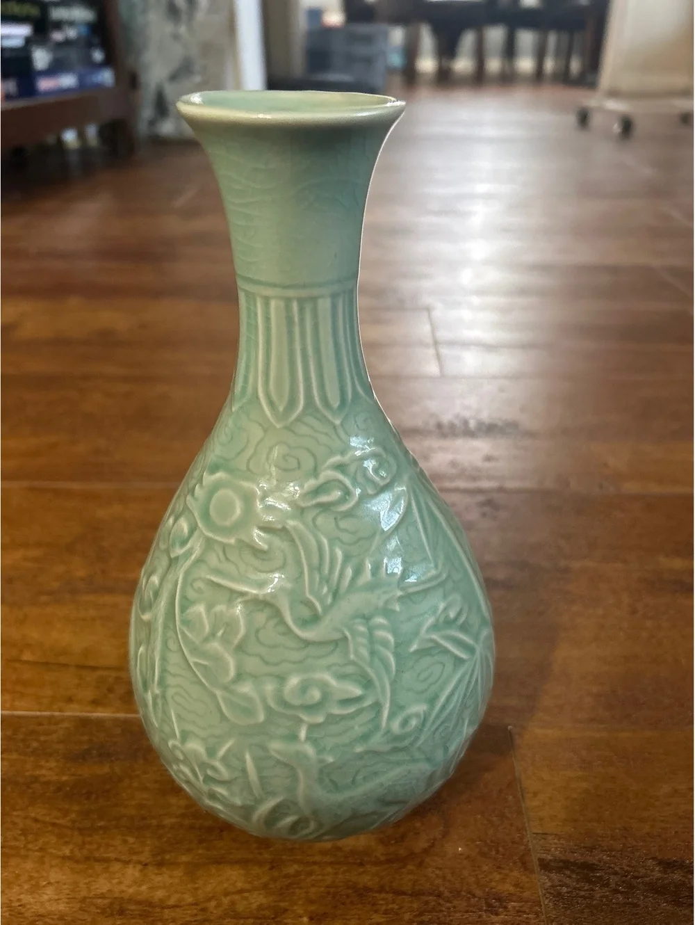 Celadon Green Ceramic Vase with Raised Animal and Floral Motifsp
